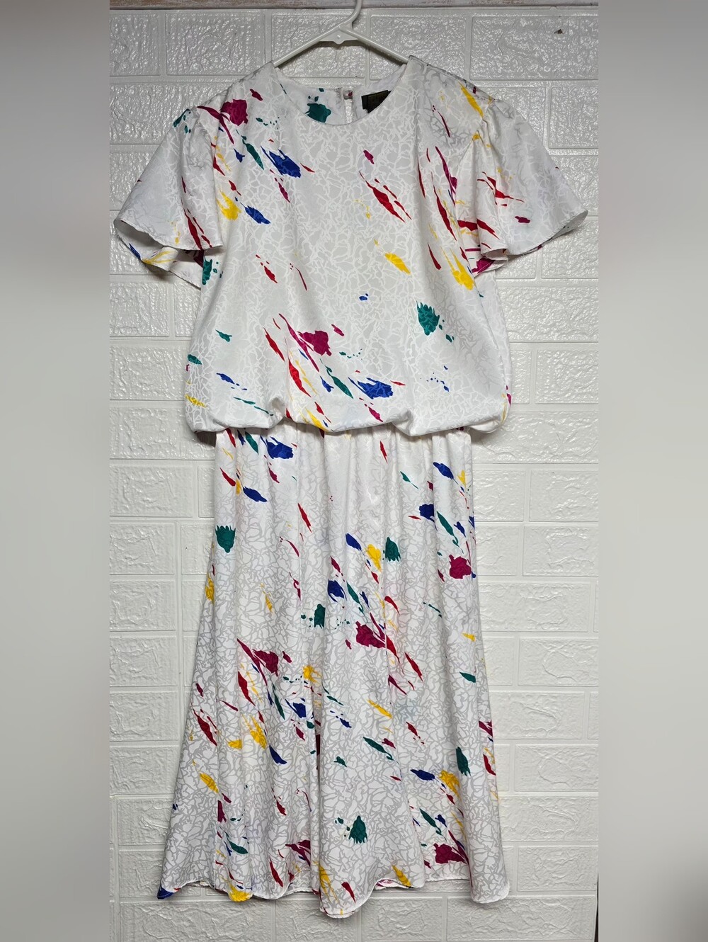 1980's White Midi Dress with Colorful Paint-Splatter Print,Sz 6P - Picture 2 of 8
